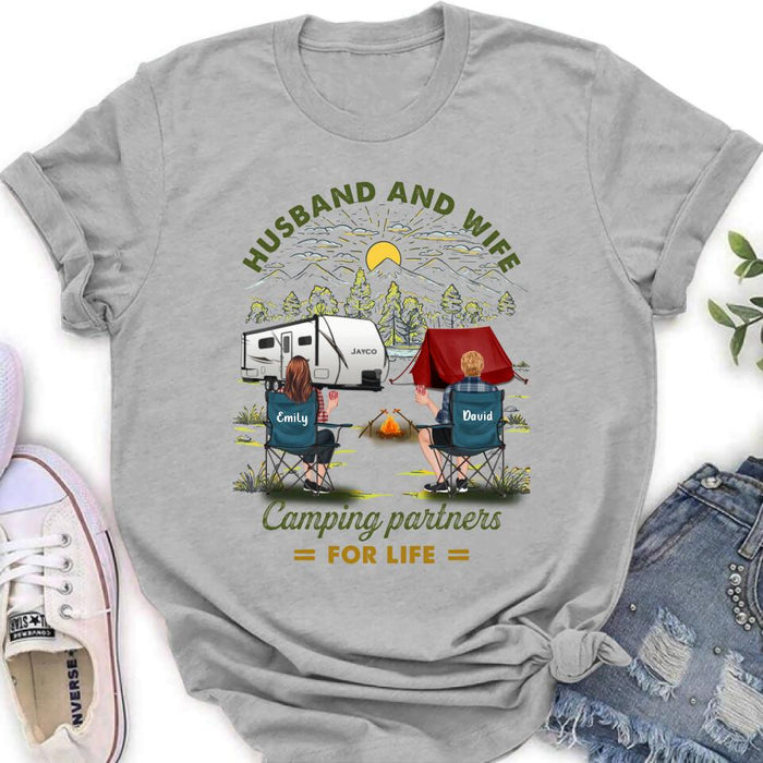 Personalized Camping Shirt/Hoodie - Gift Idea For Camping Lovers/Couple With Up To 4 Dogs - Husband And Wife Camping Partners For Life