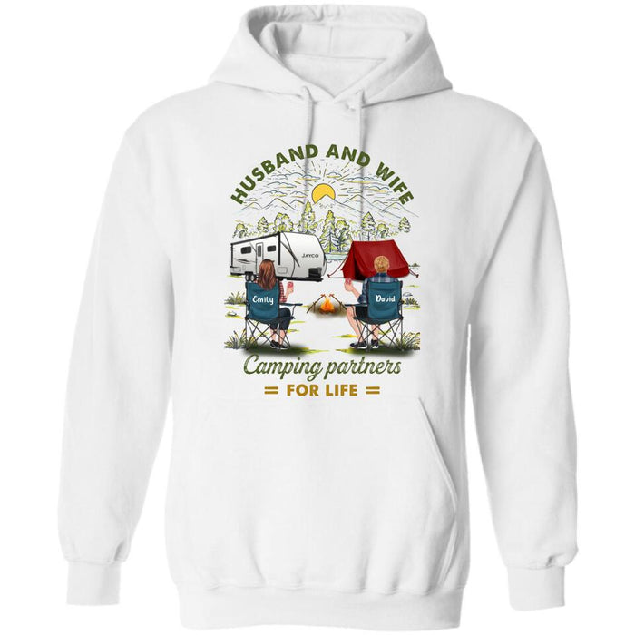 Personalized Camping Shirt/Hoodie - Gift Idea For Camping Lovers/Couple With Up To 4 Dogs - Husband And Wife Camping Partners For Life