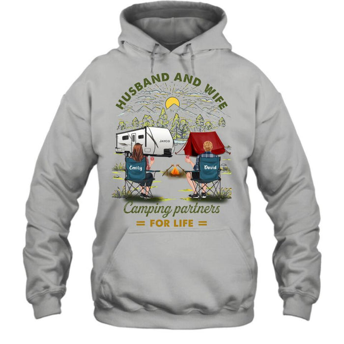 Personalized Camping Shirt/Hoodie - Gift Idea For Camping Lovers/Couple With Up To 4 Dogs - Husband And Wife Camping Partners For Life