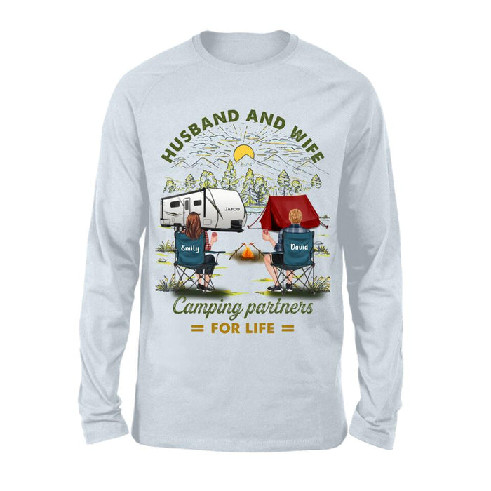 Personalized Camping Shirt/Hoodie - Gift Idea For Camping Lovers/Couple With Up To 4 Dogs - Husband And Wife Camping Partners For Life