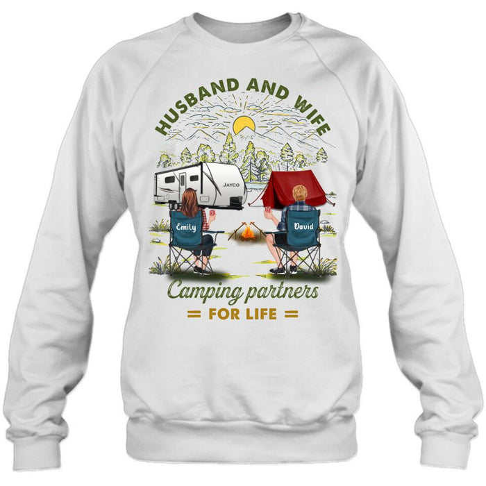Personalized Camping Shirt/Hoodie - Gift Idea For Camping Lovers/Couple With Up To 4 Dogs - Husband And Wife Camping Partners For Life
