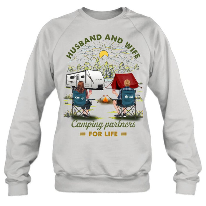 Personalized Camping Shirt/Hoodie - Gift Idea For Camping Lovers/Couple With Up To 4 Dogs - Husband And Wife Camping Partners For Life