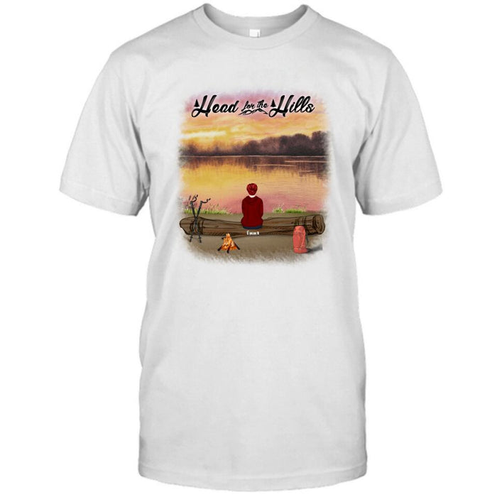 Personalized Hiking T-Shirt/Pullover Hoodie  - Man/Woman/Couple/ Parents With Up to 6 Pets And 4 Kids - Gift For Hiking Lover - Head For The Hills