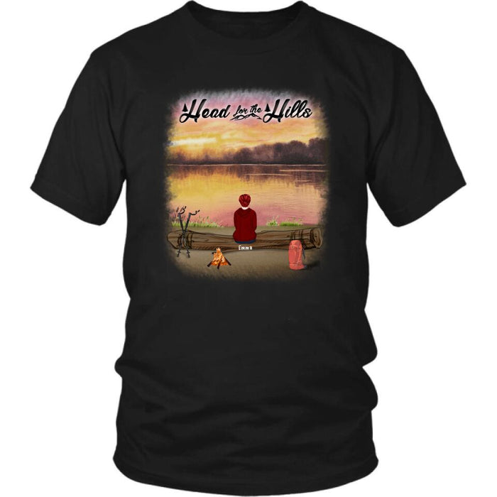 Personalized Hiking T-Shirt/Pullover Hoodie  - Man/Woman/Couple/ Parents With Up to 6 Pets And 4 Kids - Gift For Hiking Lover - Head For The Hills