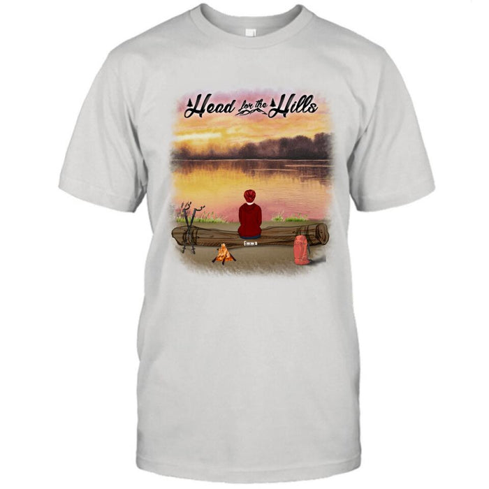 Personalized Hiking T-Shirt/Pullover Hoodie  - Man/Woman/Couple/ Parents With Up to 6 Pets And 4 Kids - Gift For Hiking Lover - Head For The Hills