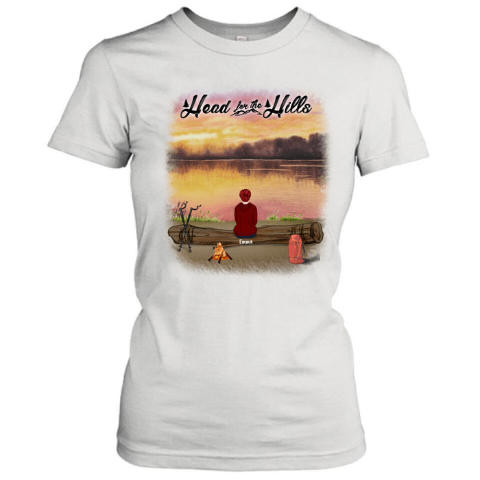 Personalized Hiking T-Shirt/Pullover Hoodie  - Man/Woman/Couple/ Parents With Up to 6 Pets And 4 Kids - Gift For Hiking Lover - Head For The Hills