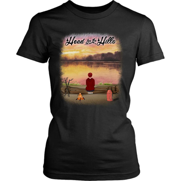 Personalized Hiking T-Shirt/Pullover Hoodie  - Man/Woman/Couple/ Parents With Up to 6 Pets And 4 Kids - Gift For Hiking Lover - Head For The Hills