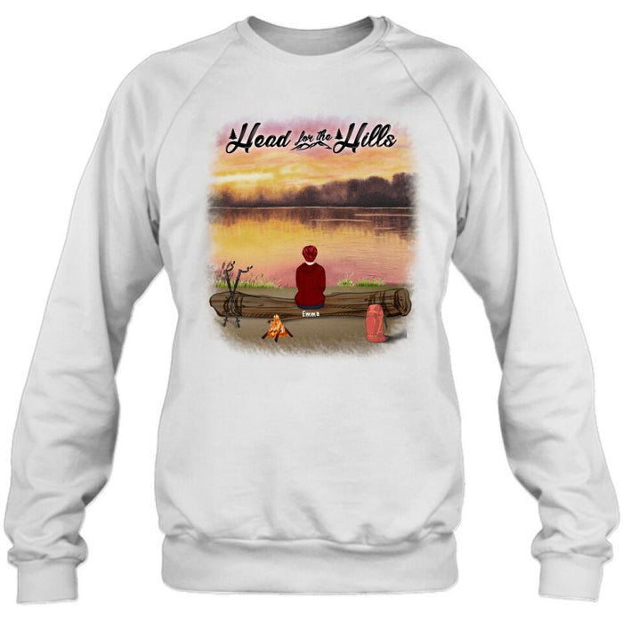 Personalized Hiking T-Shirt/Pullover Hoodie  - Man/Woman/Couple/ Parents With Up to 6 Pets And 4 Kids - Gift For Hiking Lover - Head For The Hills