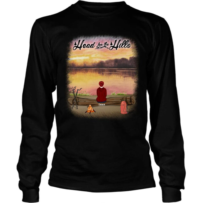 Personalized Hiking T-Shirt/Pullover Hoodie  - Man/Woman/Couple/ Parents With Up to 6 Pets And 4 Kids - Gift For Hiking Lover - Head For The Hills