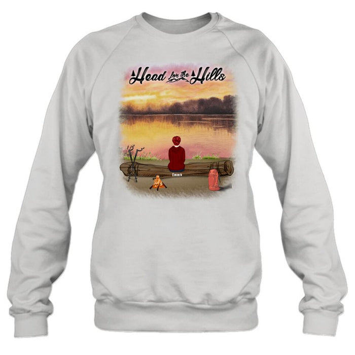 Personalized Hiking T-Shirt/Pullover Hoodie  - Man/Woman/Couple/ Parents With Up to 6 Pets And 4 Kids - Gift For Hiking Lover - Head For The Hills