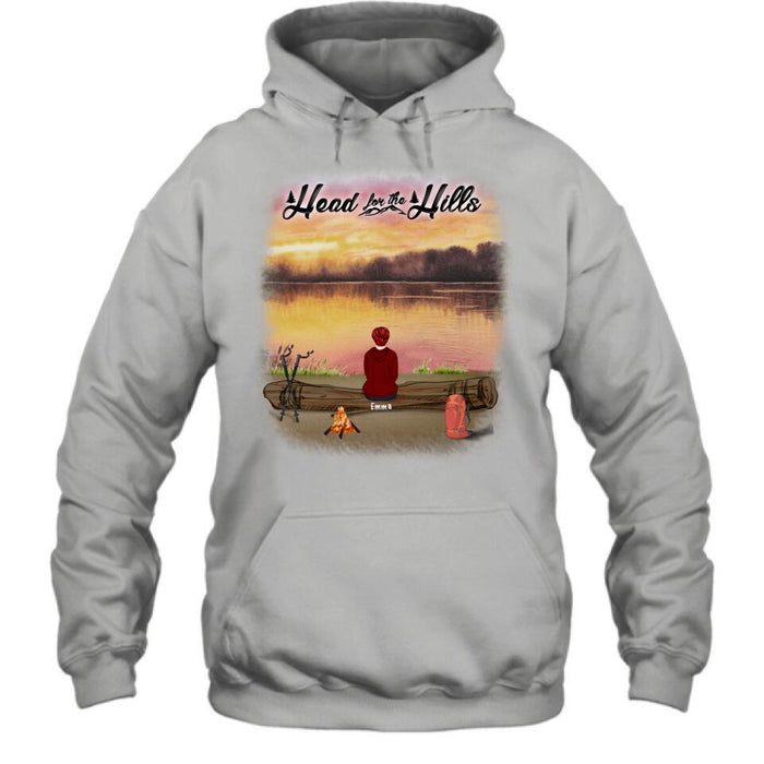 Personalized Hiking T-Shirt/Pullover Hoodie  - Man/Woman/Couple/ Parents With Up to 6 Pets And 4 Kids - Gift For Hiking Lover - Head For The Hills
