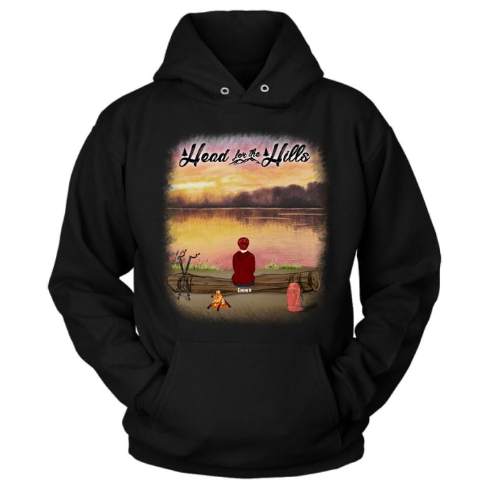 Personalized Hiking T-Shirt/Pullover Hoodie  - Man/Woman/Couple/ Parents With Up to 6 Pets And 4 Kids - Gift For Hiking Lover - Head For The Hills