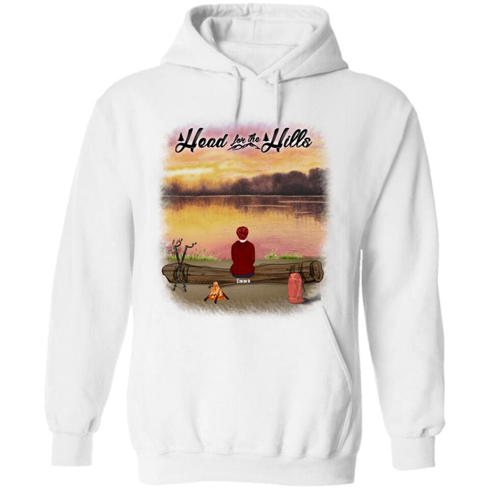 Personalized Hiking T-Shirt/Pullover Hoodie  - Man/Woman/Couple/ Parents With Up to 6 Pets And 4 Kids - Gift For Hiking Lover - Head For The Hills