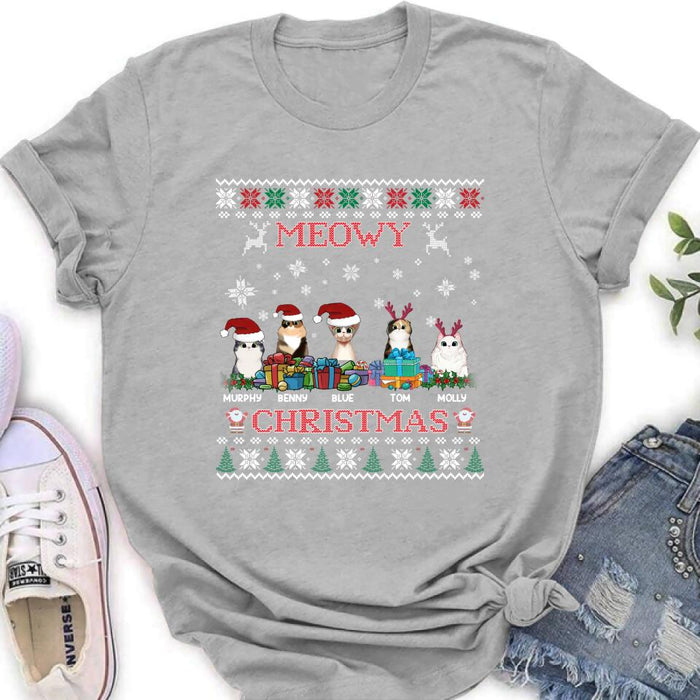 Personalized Cat Sweatshirt - Up to 5 Cats - Best Gift For Cat Lover - Meowy Christmas
