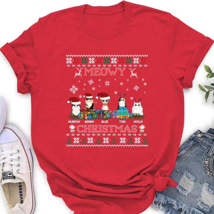 Personalized Cat Sweatshirt - Up to 5 Cats - Best Gift For Cat Lover - Meowy Christmas
