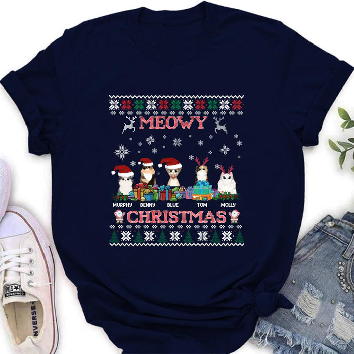 Personalized Cat Sweatshirt - Up to 5 Cats - Best Gift For Cat Lover - Meowy Christmas
