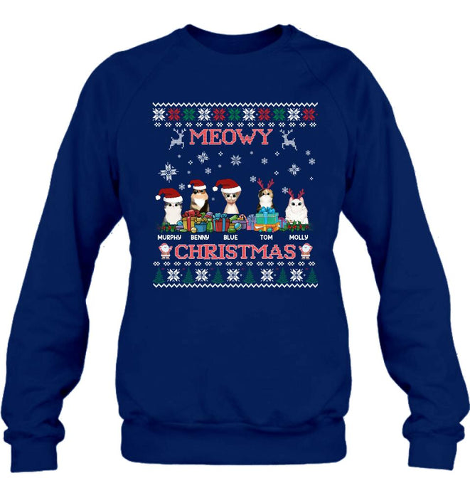 Personalized Cat Sweatshirt - Up to 5 Cats - Best Gift For Cat Lover - Meowy Christmas