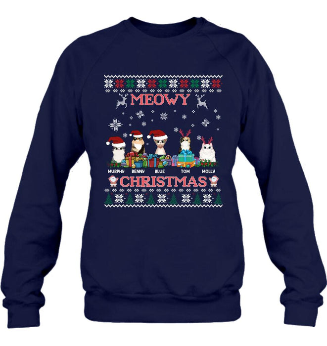 Personalized Cat Sweatshirt - Up to 5 Cats - Best Gift For Cat Lover - Meowy Christmas