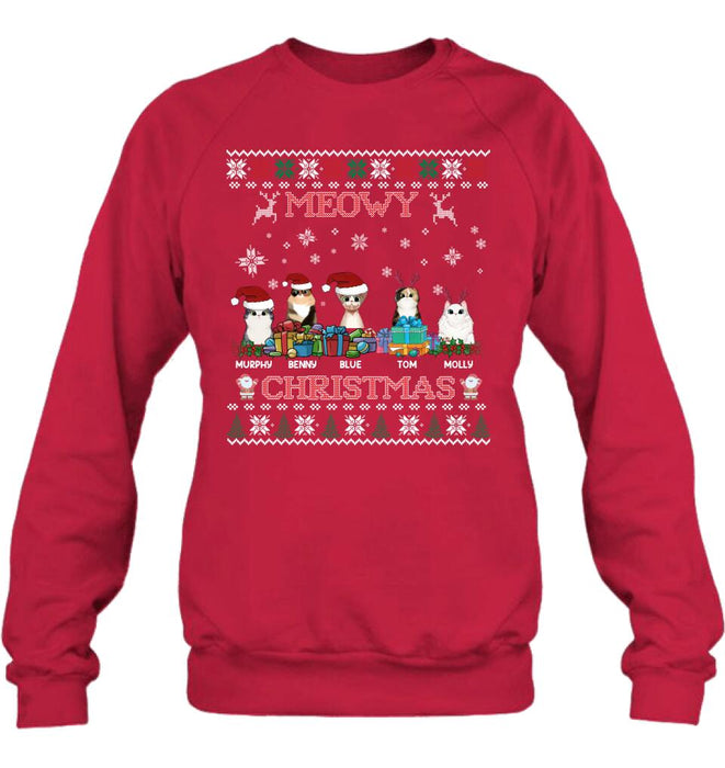 Personalized Cat Sweatshirt - Up to 5 Cats - Best Gift For Cat Lover - Meowy Christmas