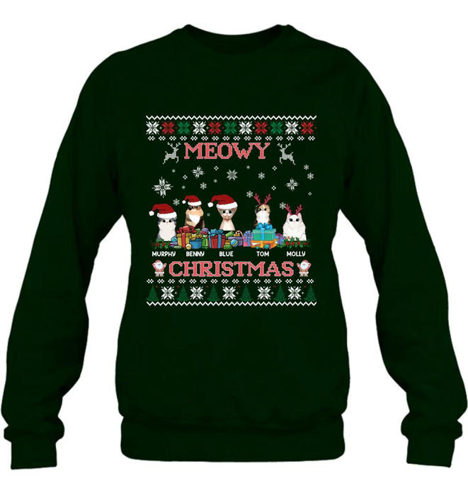 Personalized Cat Sweatshirt - Up to 5 Cats - Best Gift For Cat Lover - Meowy Christmas