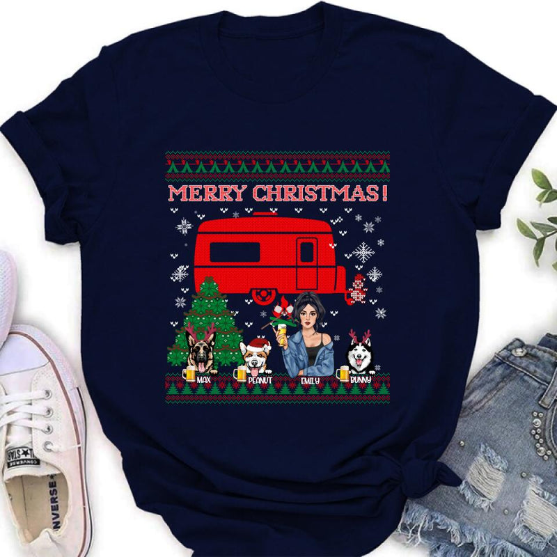 Personalized Dog Mom Camping Sweatshirt - Up to 3 Dogs - Merry Christmas