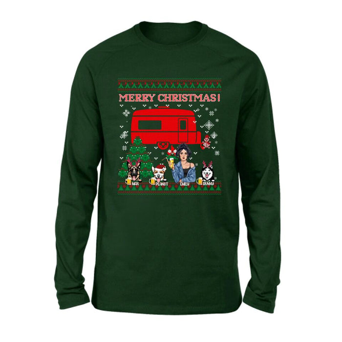 Personalized Dog Mom Camping Sweatshirt - Up to 3 Dogs - Merry Christmas