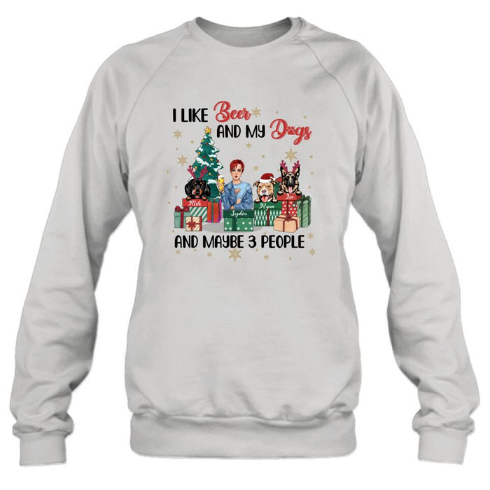 Personalized Christmas Dog Shirt - Up to 3 Dogs - Best Gift For Dog Lover - I Like Beer And My Dogs And Maybe 3 People