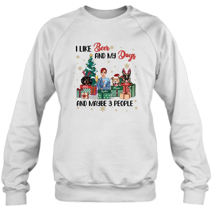 Personalized Christmas Dog Shirt - Up to 3 Dogs - Best Gift For Dog Lover - I Like Beer And My Dogs And Maybe 3 People