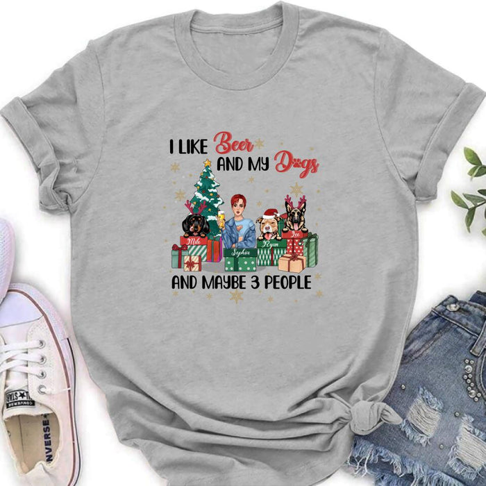 Personalized Christmas Dog Shirt - Up to 3 Dogs - Best Gift For Dog Lover - I Like Beer And My Dogs And Maybe 3 People