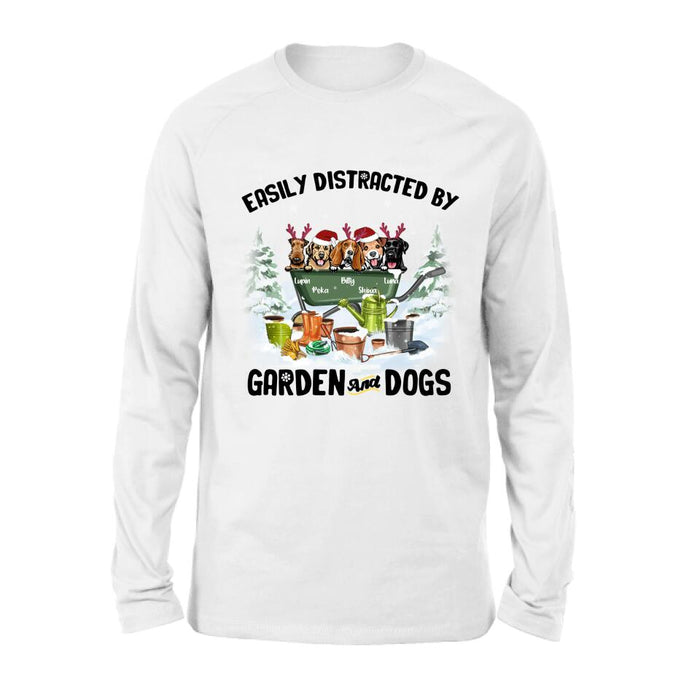 Personalized Xmas Dog Garden Shirt - Up to 5 Dogs - Best Gift For Dog Lover - Easily Distracted By Garden And Dogs