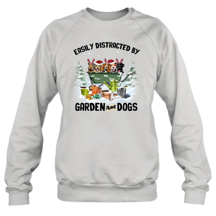 Personalized Xmas Dog Garden Shirt - Up to 5 Dogs - Best Gift For Dog Lover - Easily Distracted By Garden And Dogs