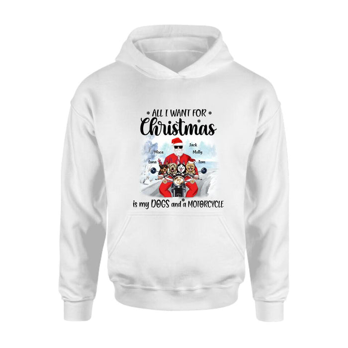 Personalized Christmas Biker With Dogs Shirt - Up to 4 Dogs - Christmas Gift For Dog Lover - All I Want For Christmas Is My Dogs And A Motorcycle