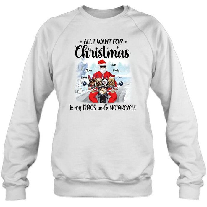 Personalized Christmas Biker With Dogs Shirt - Up to 4 Dogs - Christmas Gift For Dog Lover - All I Want For Christmas Is My Dogs And A Motorcycle