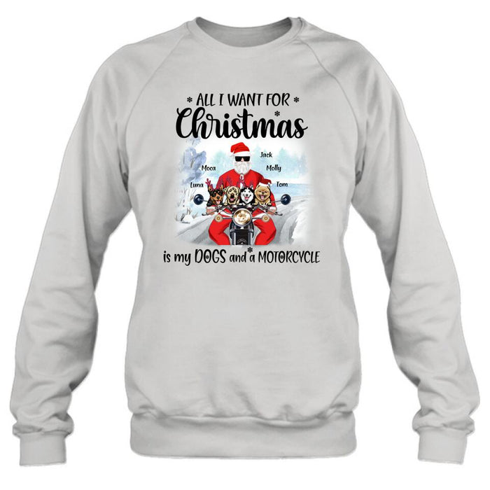 Personalized Christmas Biker With Dogs Shirt - Up to 4 Dogs - Christmas Gift For Dog Lover - All I Want For Christmas Is My Dogs And A Motorcycle