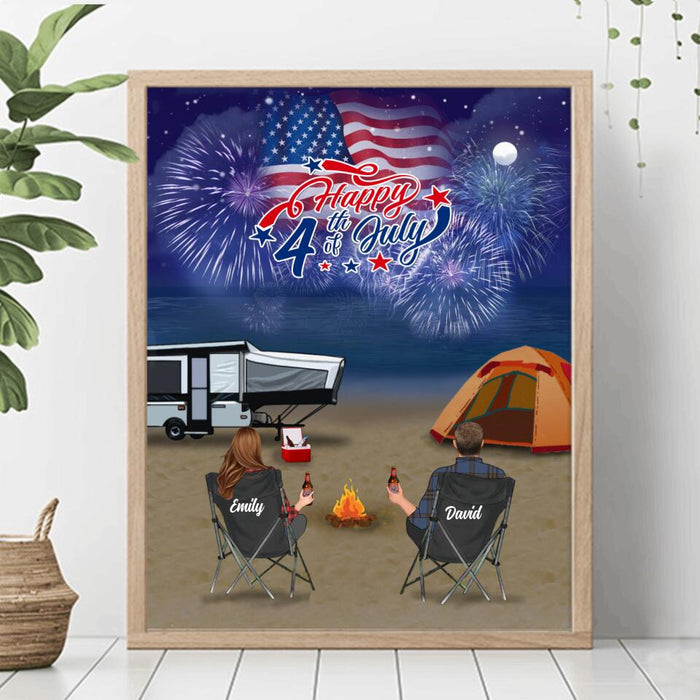 Personalized Beach Night Camping Family Poster - Adult/Couple/Parents With Up to 3 Kids And 4 Pets - Independence Day Gift Idea For Family/Camping Lover - Happy 4th Of July