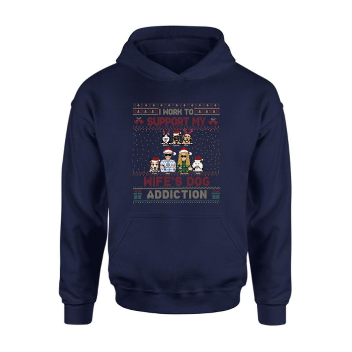 Personalized Xmas Couple Dog Shirt - Up to 5 Dogs - Gift For Dog Lovers/Couple - I Work To Support My Wife's Dog Addiction
