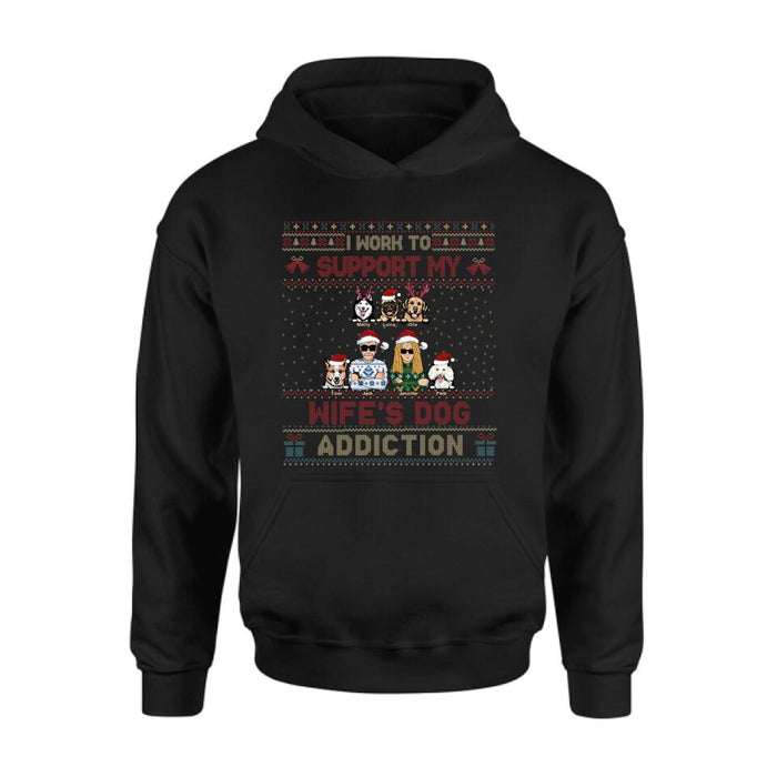 Personalized Xmas Couple Dog Shirt - Up to 5 Dogs - Gift For Dog Lovers/Couple - I Work To Support My Wife's Dog Addiction