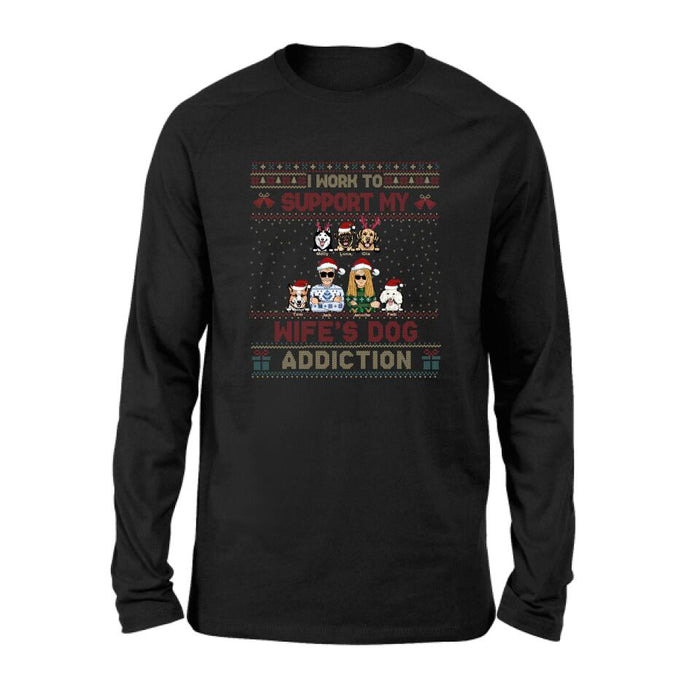 Personalized Xmas Couple Dog Shirt - Up to 5 Dogs - Gift For Dog Lovers/Couple - I Work To Support My Wife's Dog Addiction