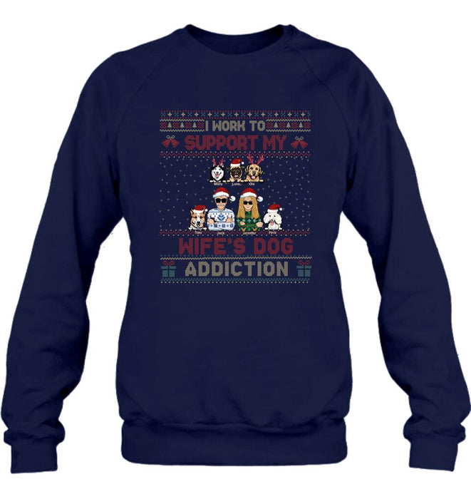 Personalized Xmas Couple Dog Shirt - Up to 5 Dogs - Gift For Dog Lovers/Couple - I Work To Support My Wife's Dog Addiction