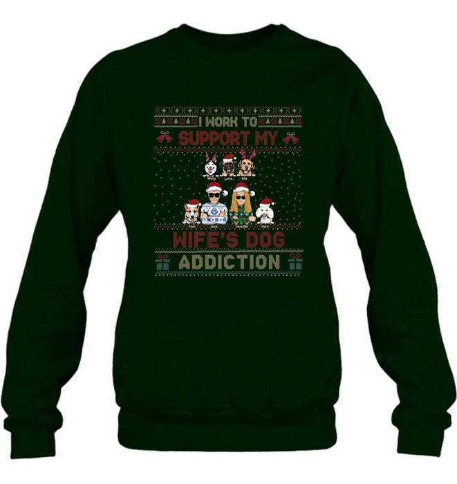Personalized Xmas Couple Dog Shirt - Up to 5 Dogs - Gift For Dog Lovers/Couple - I Work To Support My Wife's Dog Addiction