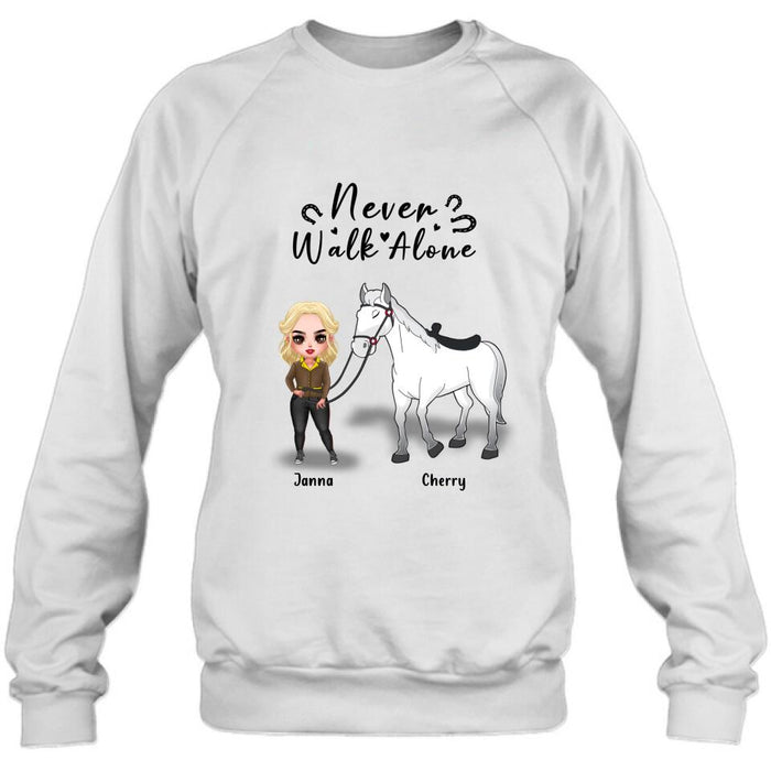 Personalized Horse Girl Chibi Hoodie/Sweatshirt/T-shirt/Long Sleeve - Gift For Horse Lovers with up to 2 Horses - Never Walk Alone