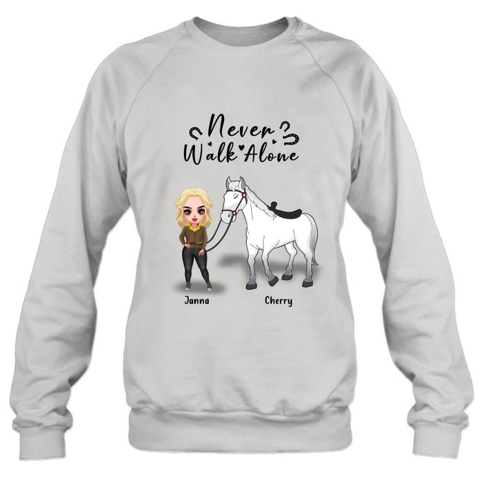 Personalized Horse Girl Chibi Hoodie/Sweatshirt/T-shirt/Long Sleeve - Gift For Horse Lovers with up to 2 Horses - Never Walk Alone