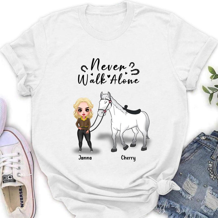 Personalized Horse Girl Chibi Hoodie/Sweatshirt/T-shirt/Long Sleeve - Gift For Horse Lovers with up to 2 Horses - Never Walk Alone