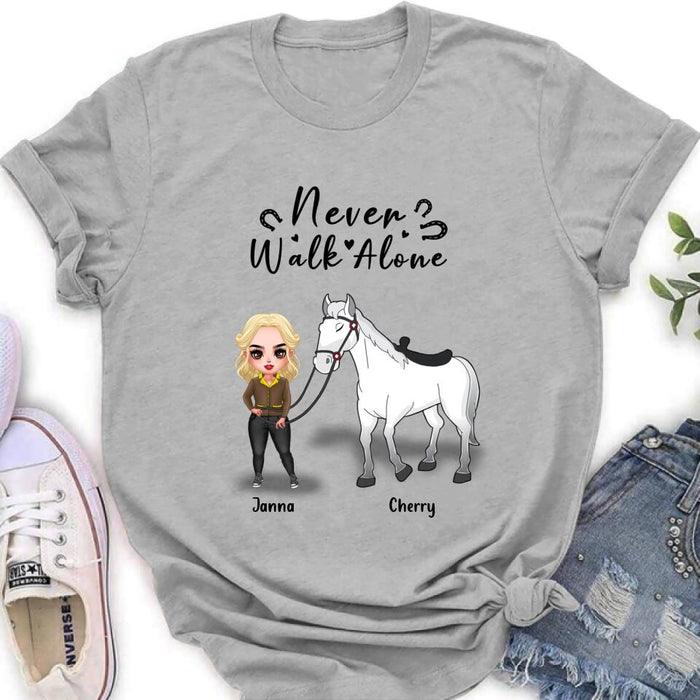 Personalized Horse Girl Chibi Hoodie/Sweatshirt/T-shirt/Long Sleeve - Gift For Horse Lovers with up to 2 Horses - Never Walk Alone