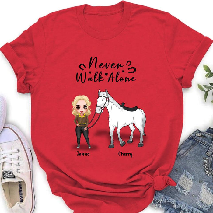 Personalized Horse Girl Chibi Hoodie/Sweatshirt/T-shirt/Long Sleeve - Gift For Horse Lovers with up to 2 Horses - Never Walk Alone