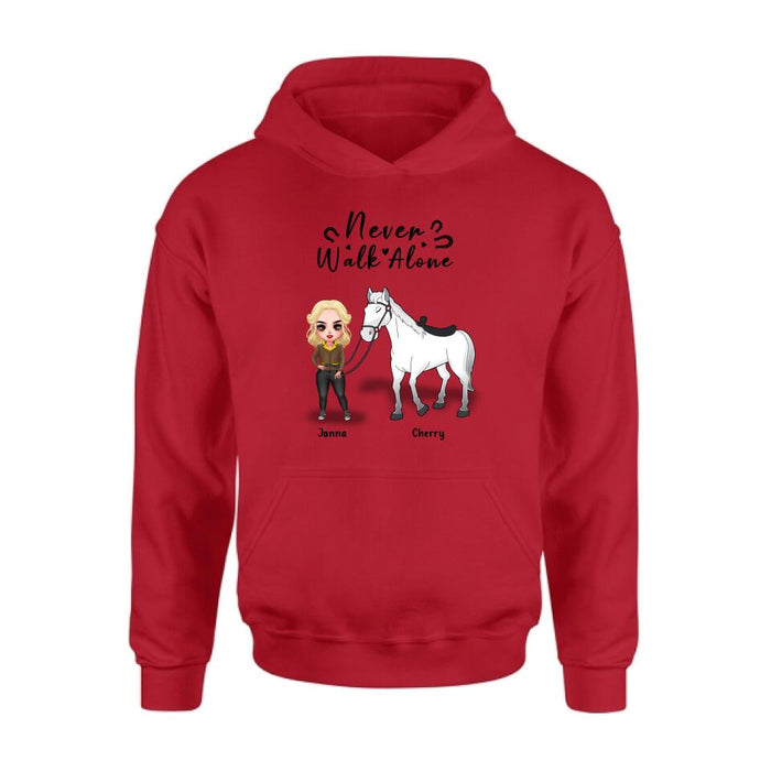 Personalized Horse Girl Chibi Hoodie/Sweatshirt/T-shirt/Long Sleeve - Gift For Horse Lovers with up to 2 Horses - Never Walk Alone