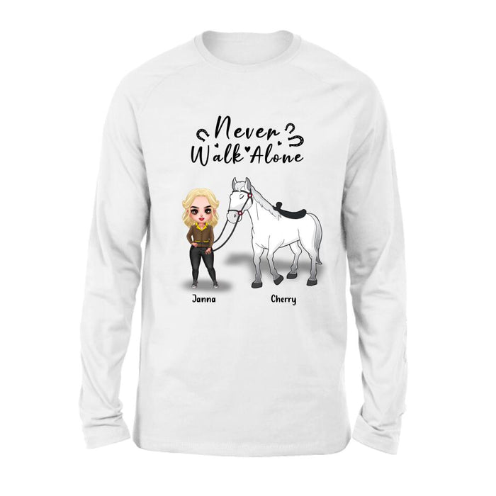 Personalized Horse Girl Chibi Hoodie/Sweatshirt/T-shirt/Long Sleeve - Gift For Horse Lovers with up to 2 Horses - Never Walk Alone