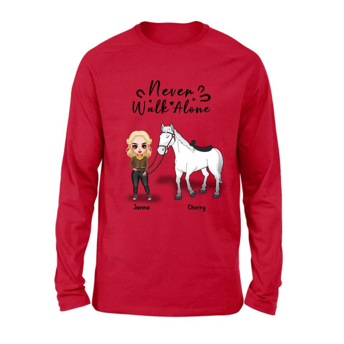Personalized Horse Girl Chibi Hoodie/Sweatshirt/T-shirt/Long Sleeve - Gift For Horse Lovers with up to 2 Horses - Never Walk Alone