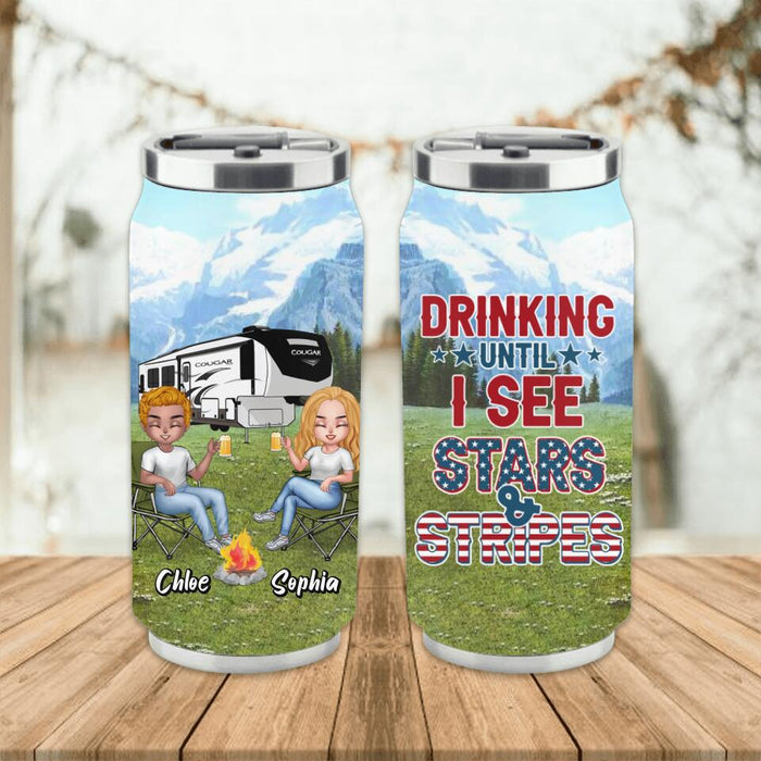 Personalized Camping Friends Soda Can Tumbler - Up to 7 People - Gift Idea For Camping Lover/Friends - Drinking Until I See Stars And Stripes
