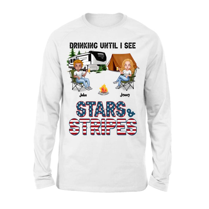 Personalized Camping Friends Shirt - Up to 7 People - Gift Idea For Camping Lover/Friends - Drinking Until I See Stars And Stripes